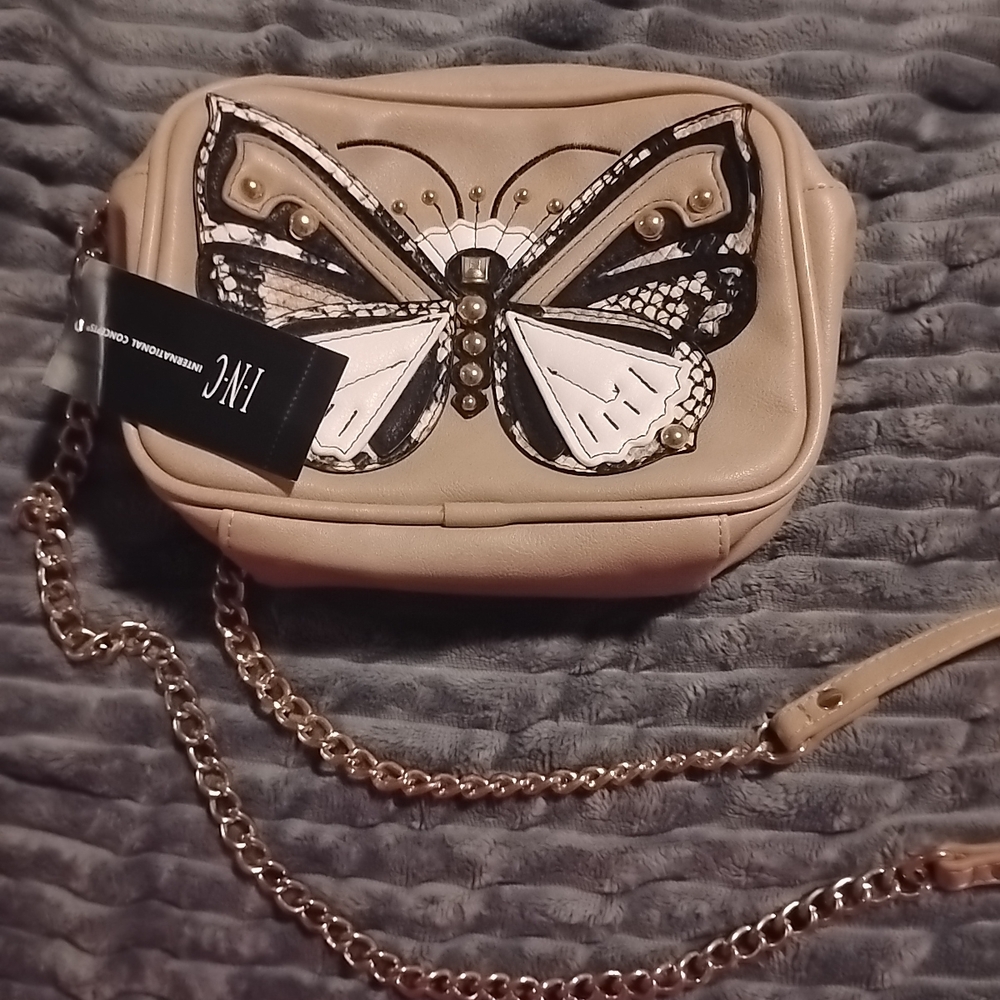 Butterfly Embellished Tan Crossbody Bag